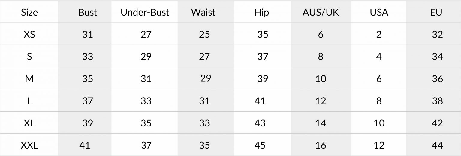 Body Size Guide Swimwear Bali