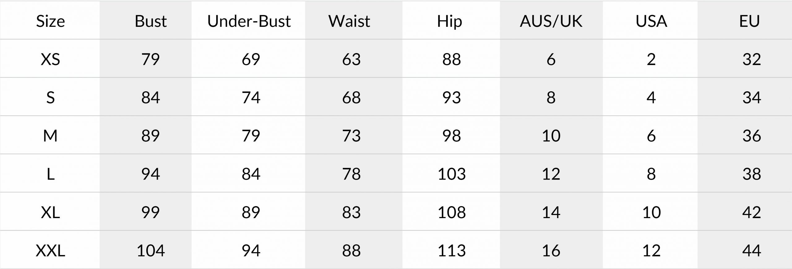 BALI TOP SIZE CHART – ELYSIIAN