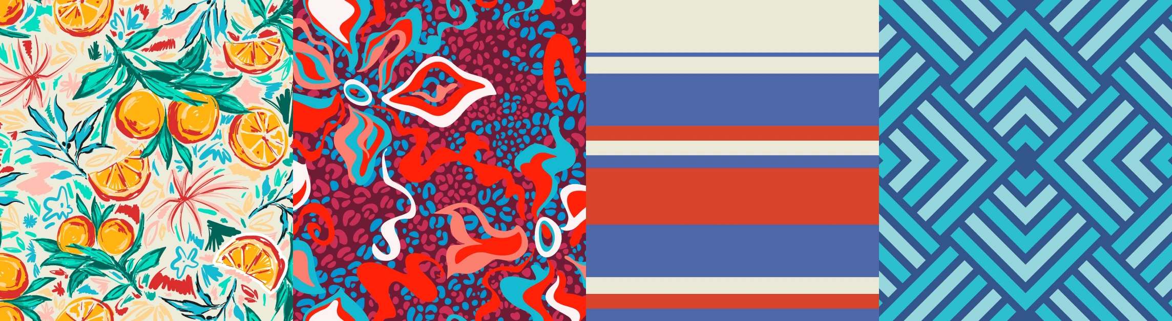 a selection of different print patterns, citrus themed, red & blue abstract, simple different coloured lines, blue pyramid/hypnotic theme.