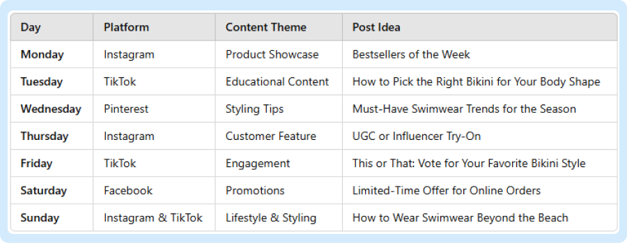 3. weekly content calendar example for retailers boutique owners