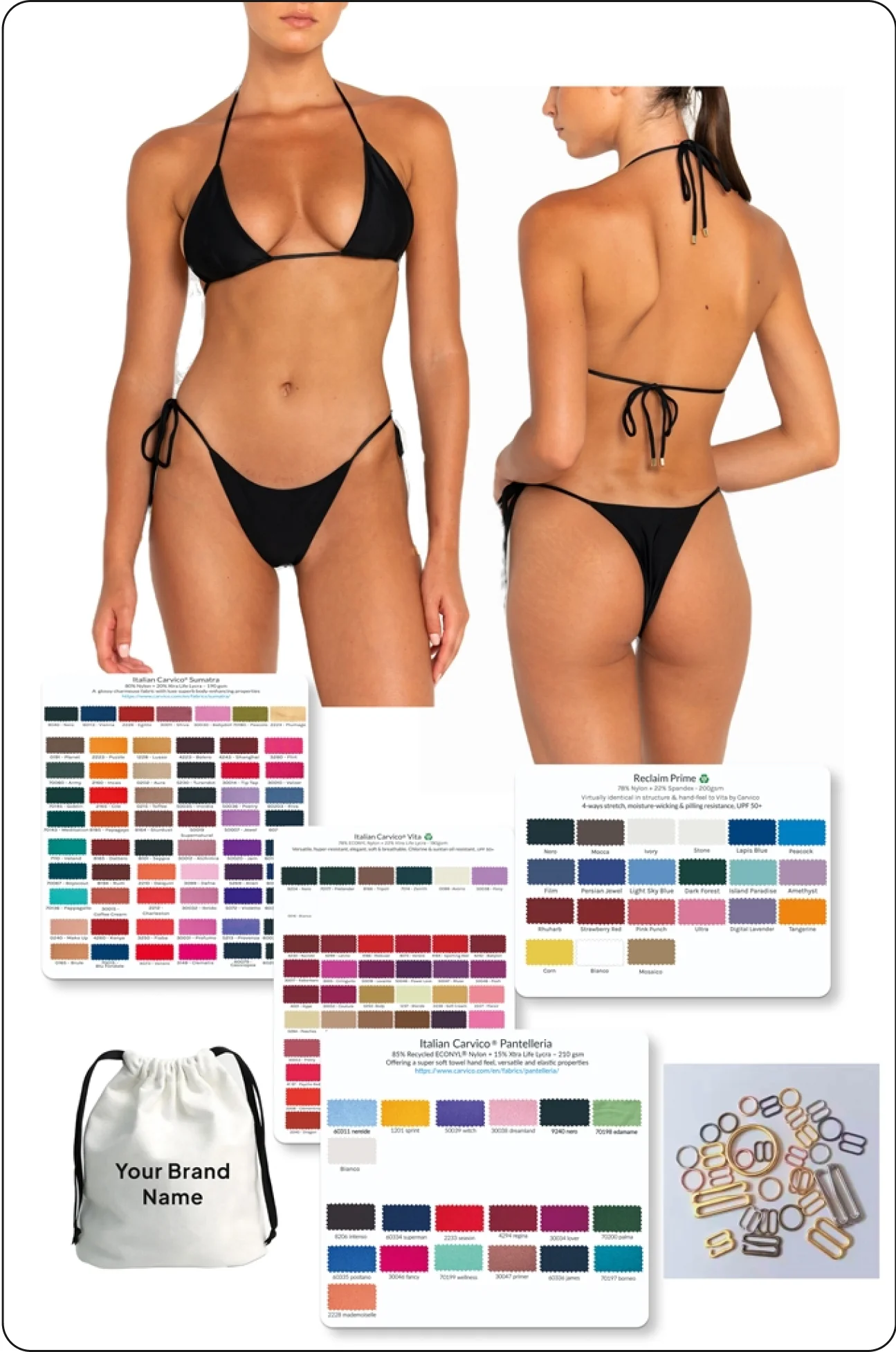 product specification image displaying classic black triangle bikini from front and back angles, complete with fabric color swatch cards, customizable white drawstring bag, and metal hardware options