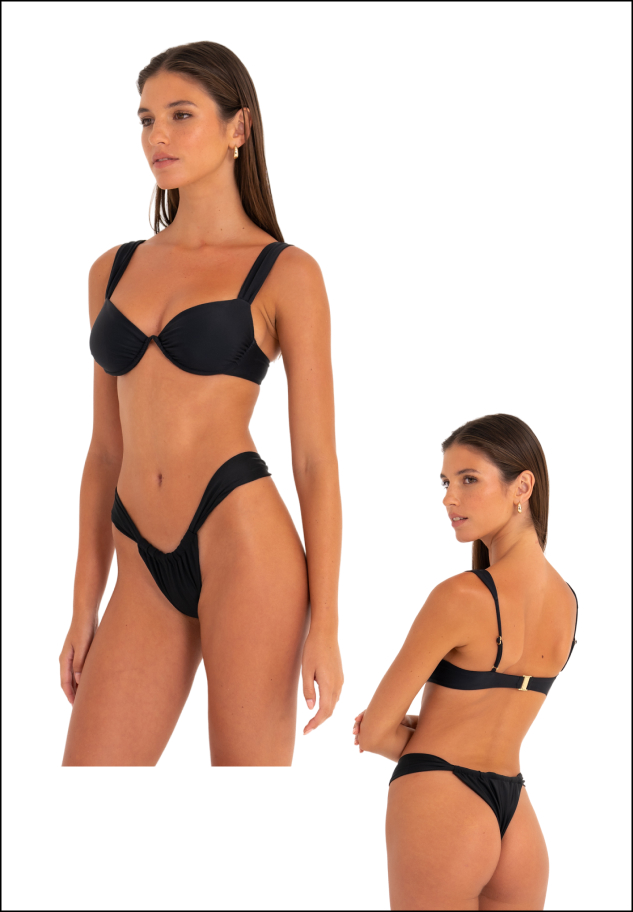 bandeau top with halter tie and high cut brazilian bottom, front and back view