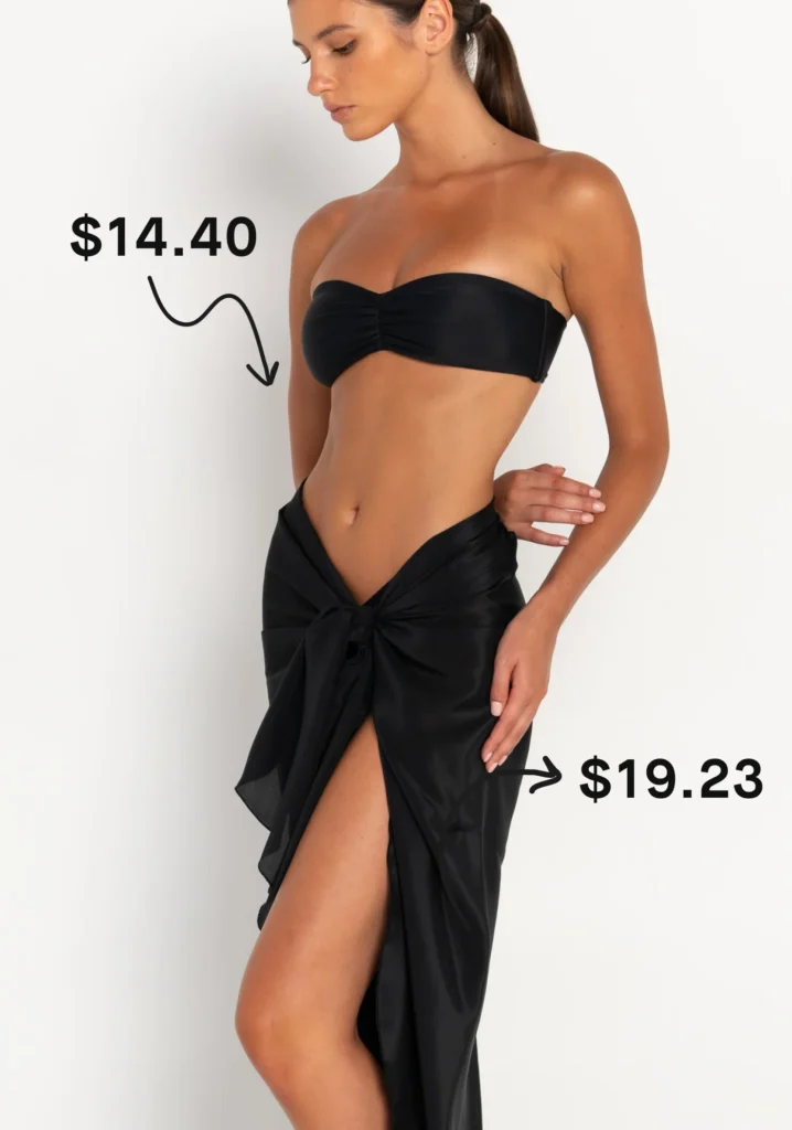 black bandeau bikini top and matching sarong wrap skirt, priced at $14.40 top and $19.23 bottom