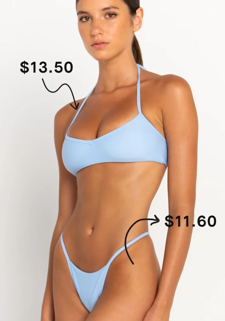 light blue asymmetric one-shoulder bikini set with minimal coverage, priced at $13.50 top and $11.60 bottom