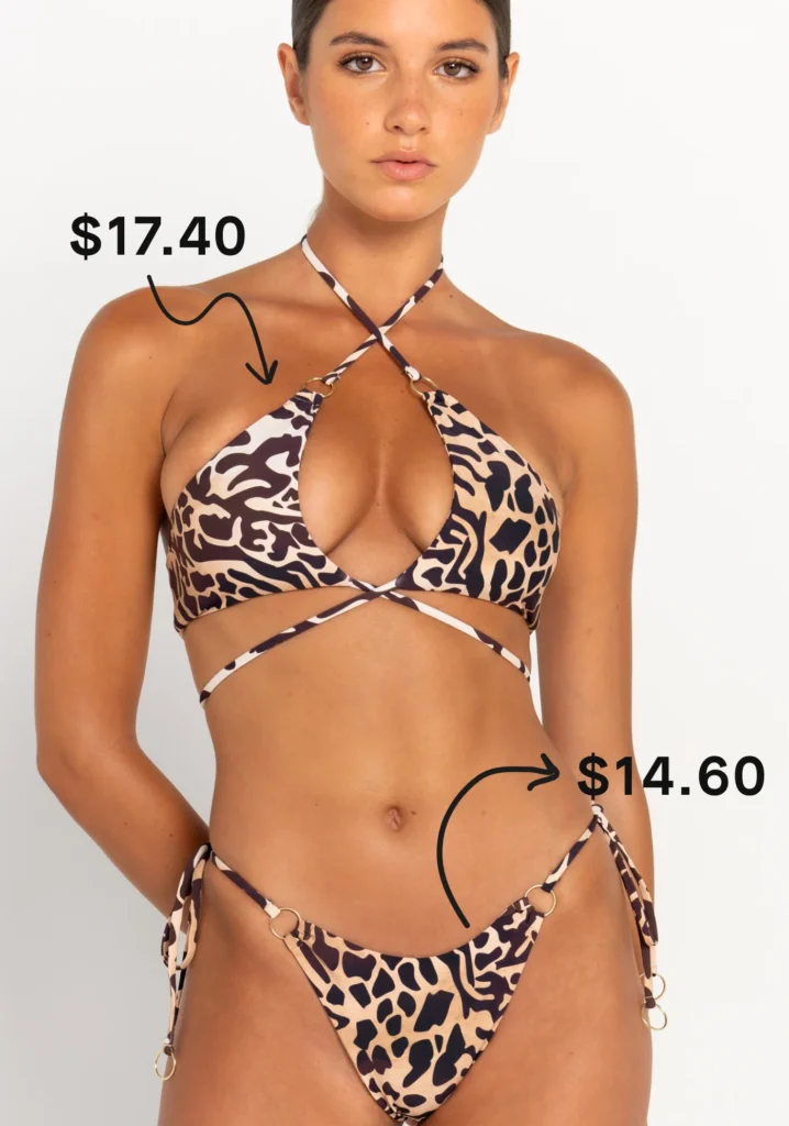 leopard print bikini set with cross-halter top and low-rise bottom, priced at $17.40 top and $14.60 bottom