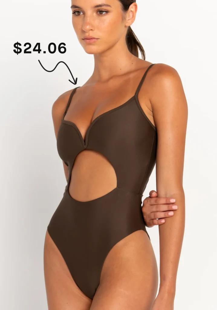 brown one-piece swimsuit with side cutout detail and thin straps, priced at $24.06