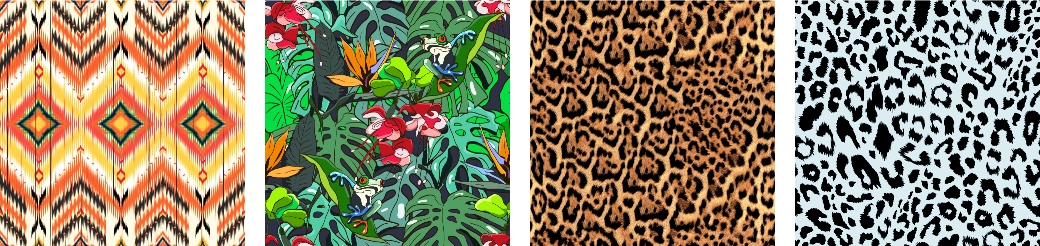 swimwear prints using leopard motif, abstract and flowery